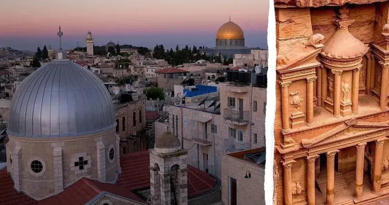 Jerusalem at dusk beside the carved Treasury facade at Petra
